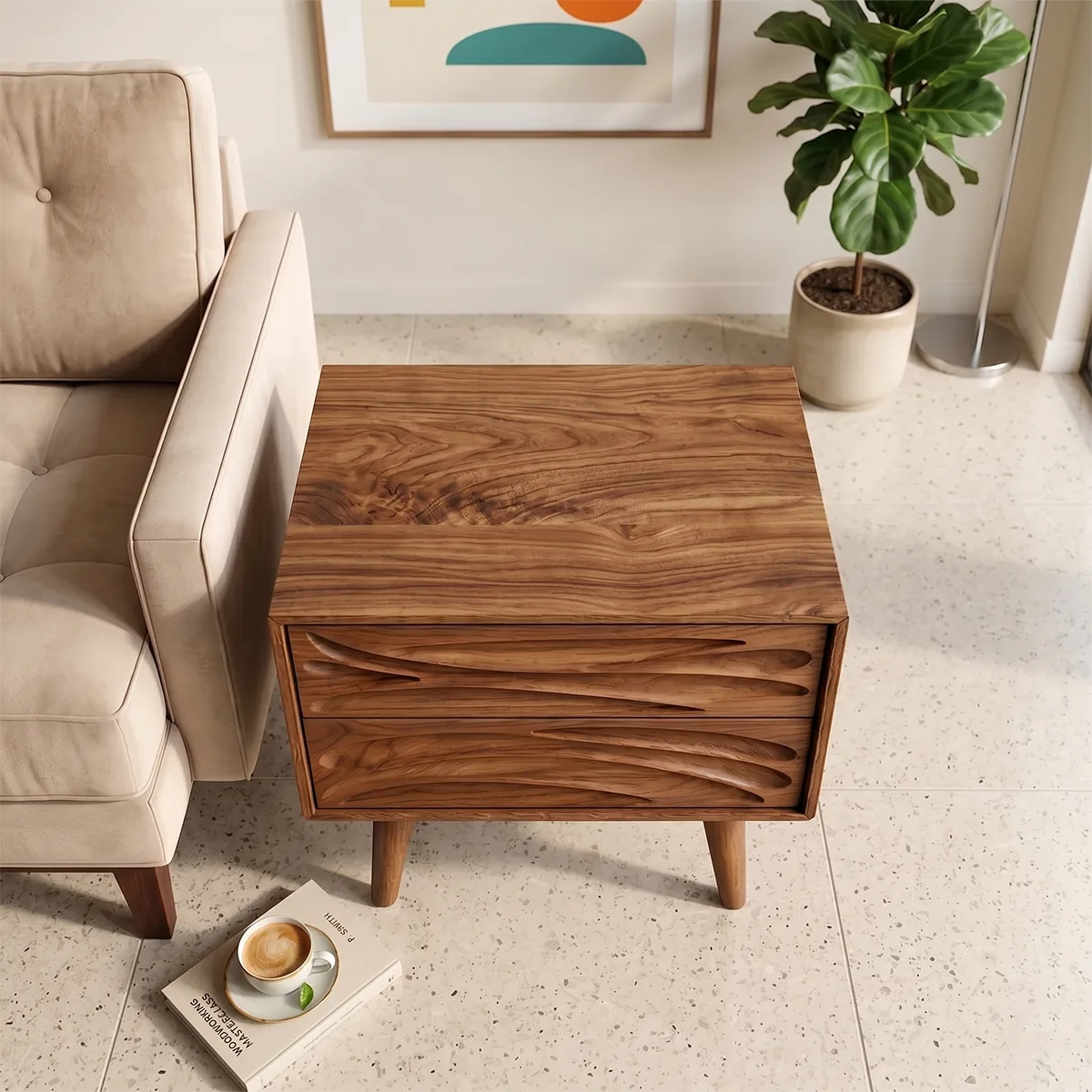 Modern Solid Wood End Table | Mid Century Side Table with 2 Carved Storage Drawers TH003-8695