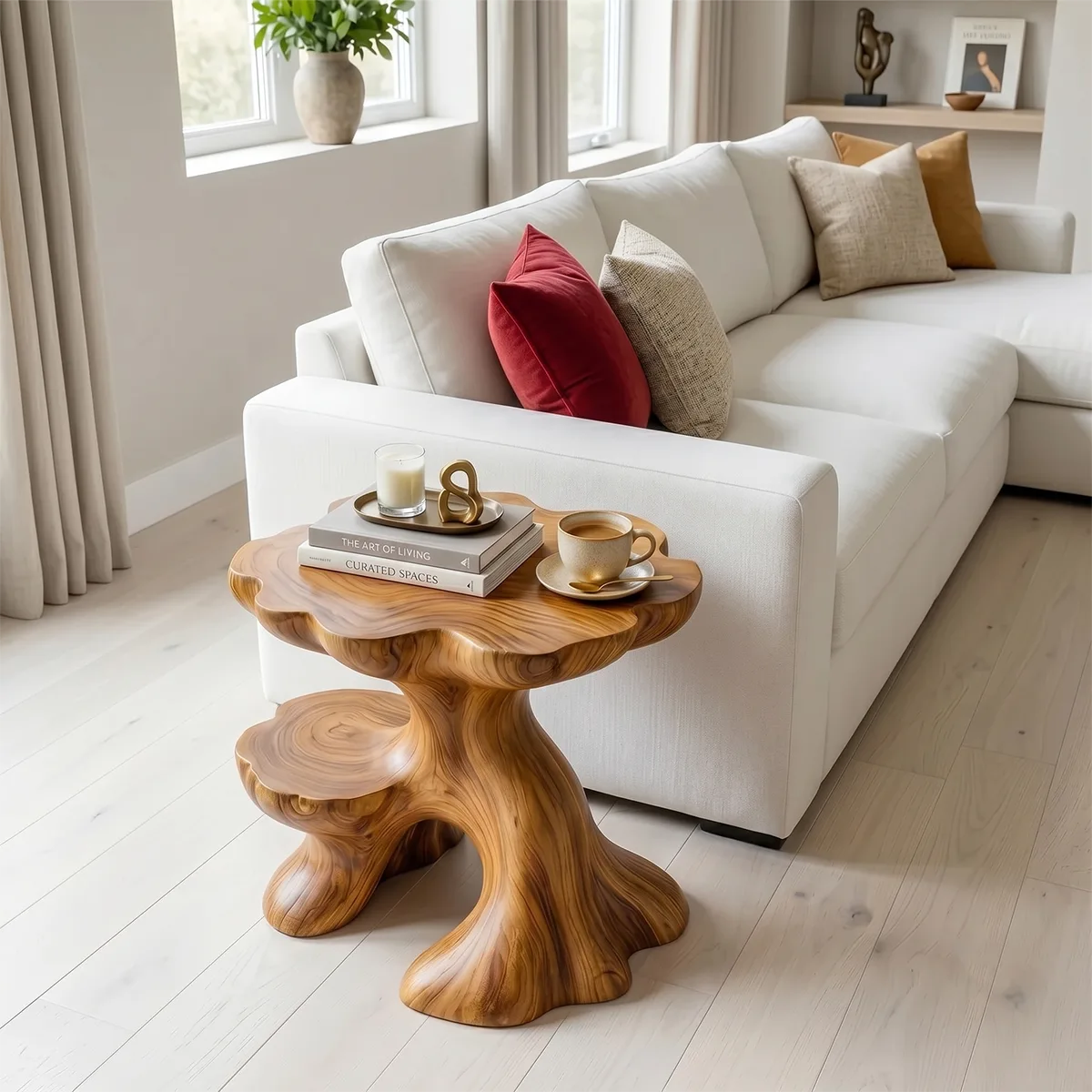Sculptural Solid Wood Side Table with Shelf | Organic End Table TH003-9908