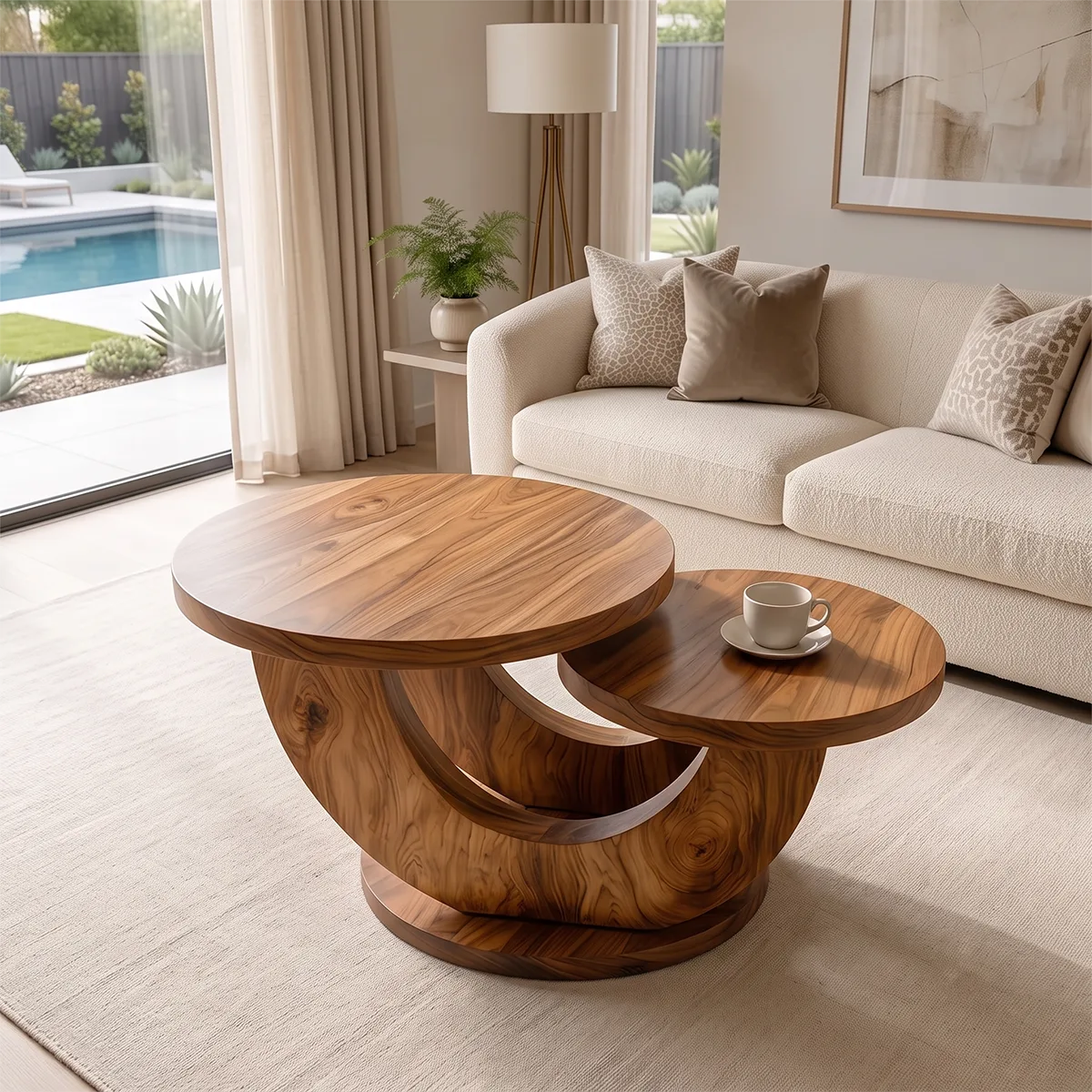 Sculptural Two-Tier Round Coffee Table with Curved Base | Organic Modern Living Room Table TH003-3SBR5VG
