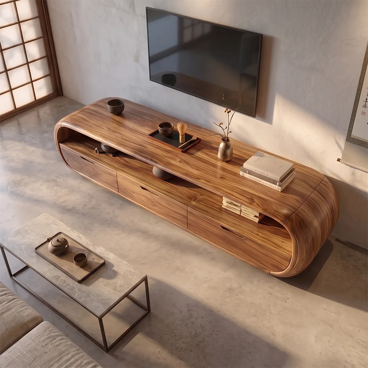 Modern Curved TV Stand with 3 Drawers & Open Shelf | Low Profile Media Console TH003-7SLN5DB