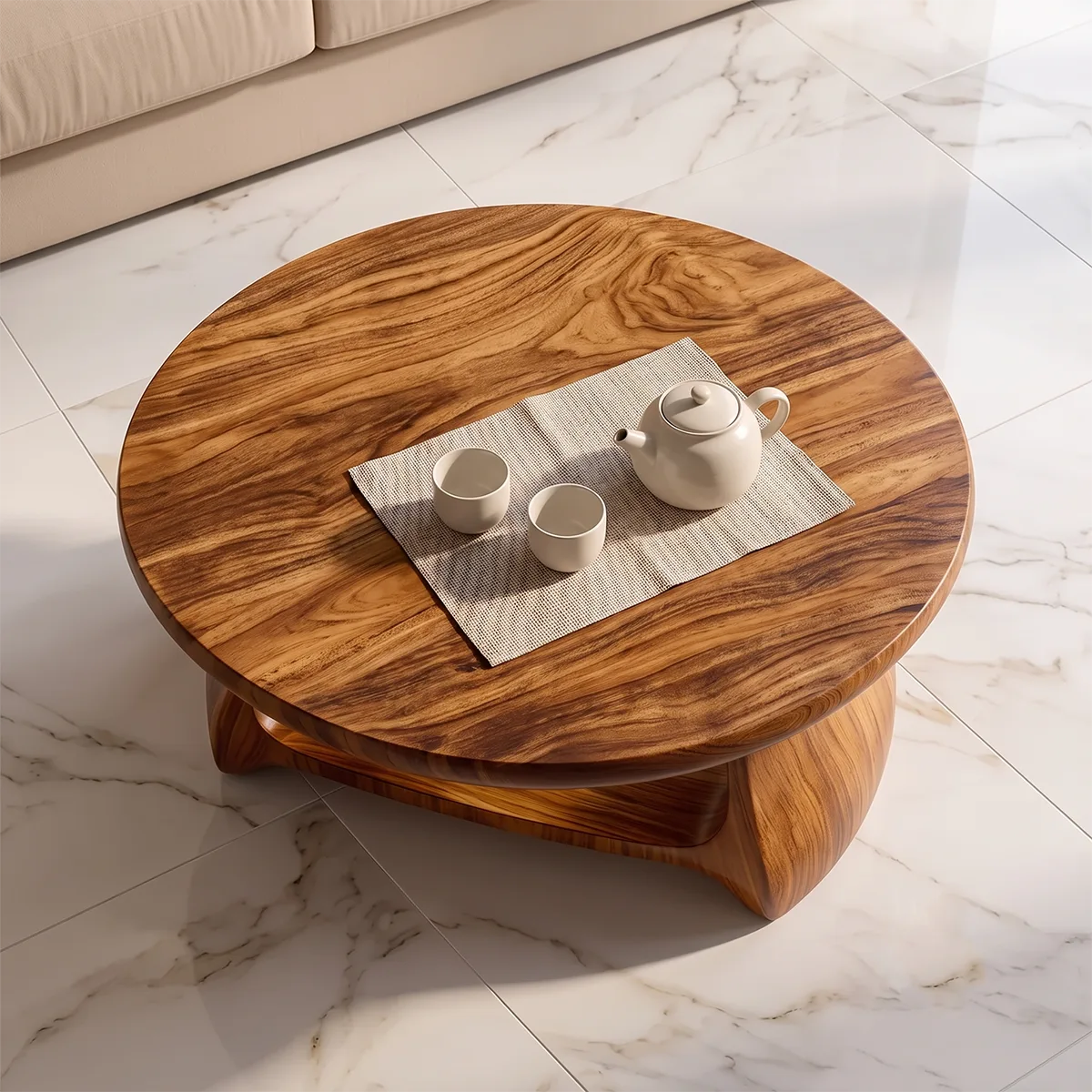 Modern Round Coffee Table with Shelf | Sculptural Wood Coffee Table for Living Room TH003-3167