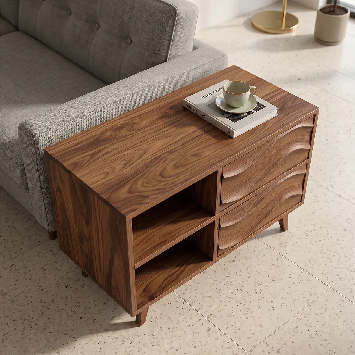 Modern Solid Wood End Table with Storage | Mid Century Side Table with 2 Drawers & Open Shelves TH003-4573