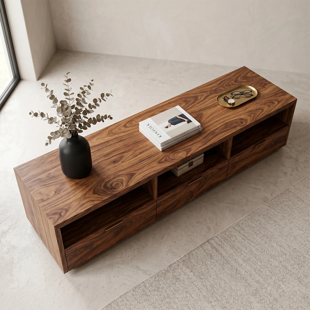 Modern Media Console with Open Shelves and 3 Drawers