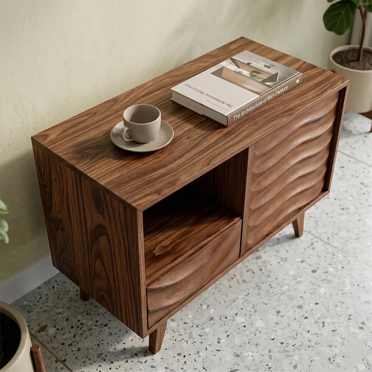 Modern Solid Wood End Table with Storage | Mid Century Side Table with Drawer & Cabinet TH003-4266