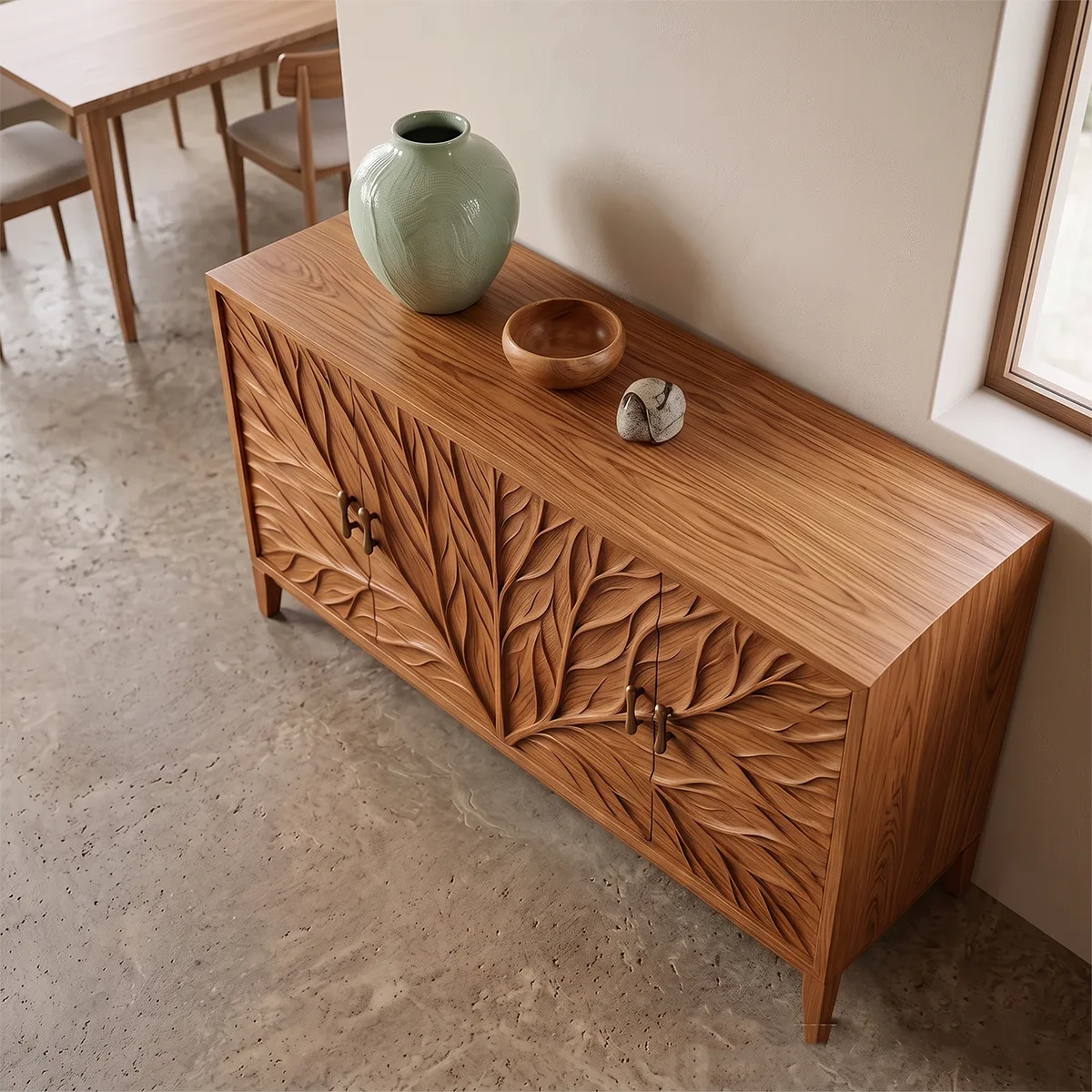 Leaf Carved Solid Wood Sideboard | Botanical Buffet Cabinet for Organic Modern & Japandi Interiors TH003-8571