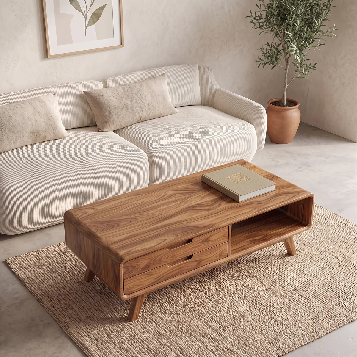 Modern Rectangular Coffee Table with 2 Drawers & Open Shelf | Mid Century Living Room Table TH003-1NPV4UT