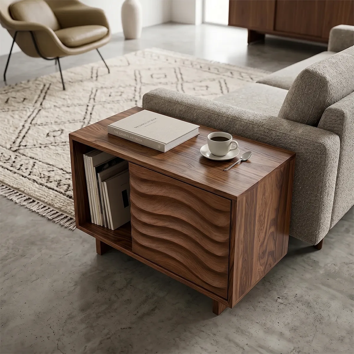 Modern Solid Wood End Table with Sliding Door | Mid Century Storage Side Table for Living Room TH003-7699