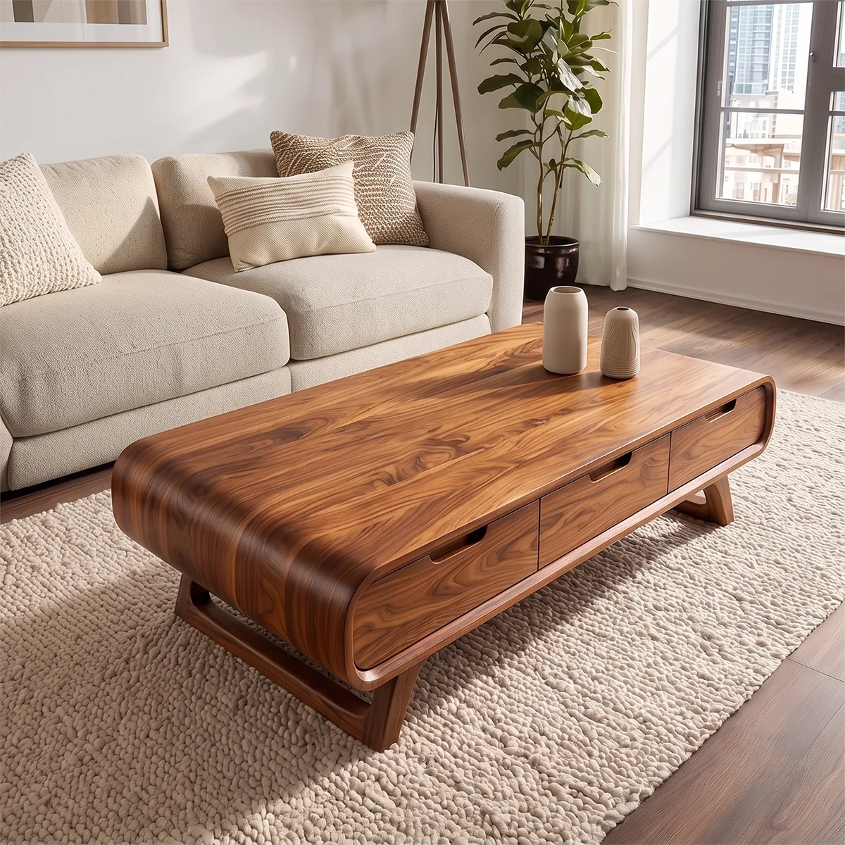 Modern Rounded Coffee Table with 3 Drawers | Mid Century Living Room Storage Table TH003-6LLU2ZO