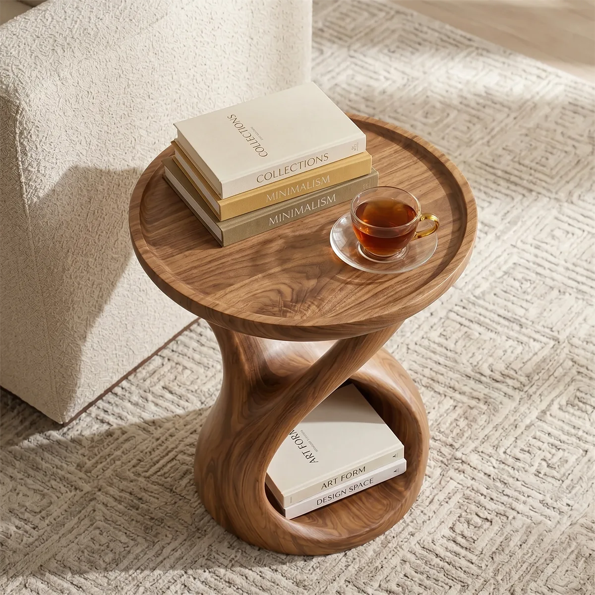 Hourglass Solid Wood Side Table with Storage | Sculptural End Table TH003-8108