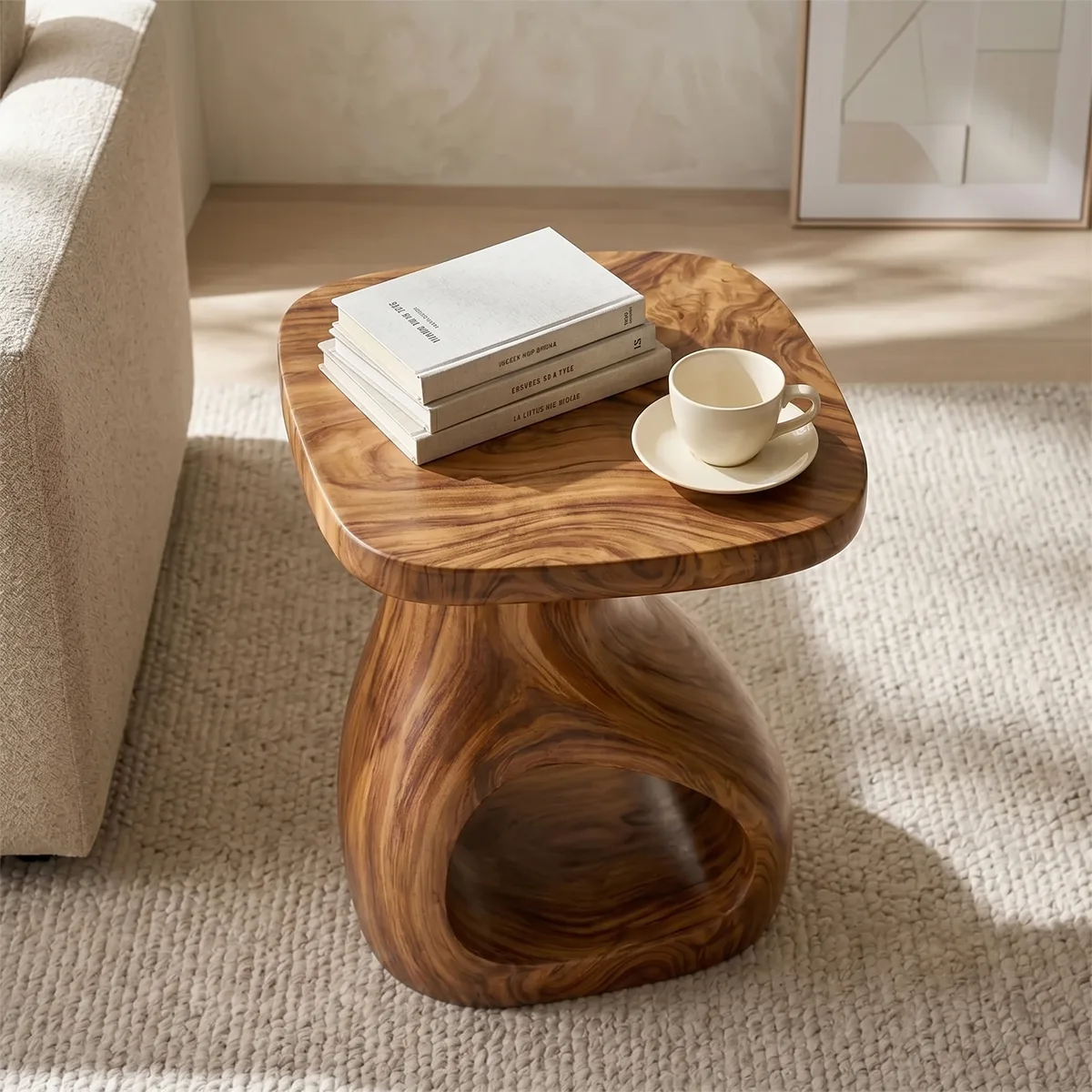 Solid Wood Side Table with Open Shelf | Sculptural End Table TH003-2155