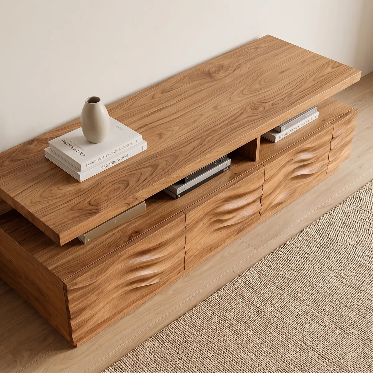 Wave Front TV Console with Open Shelves and 4 Drawers