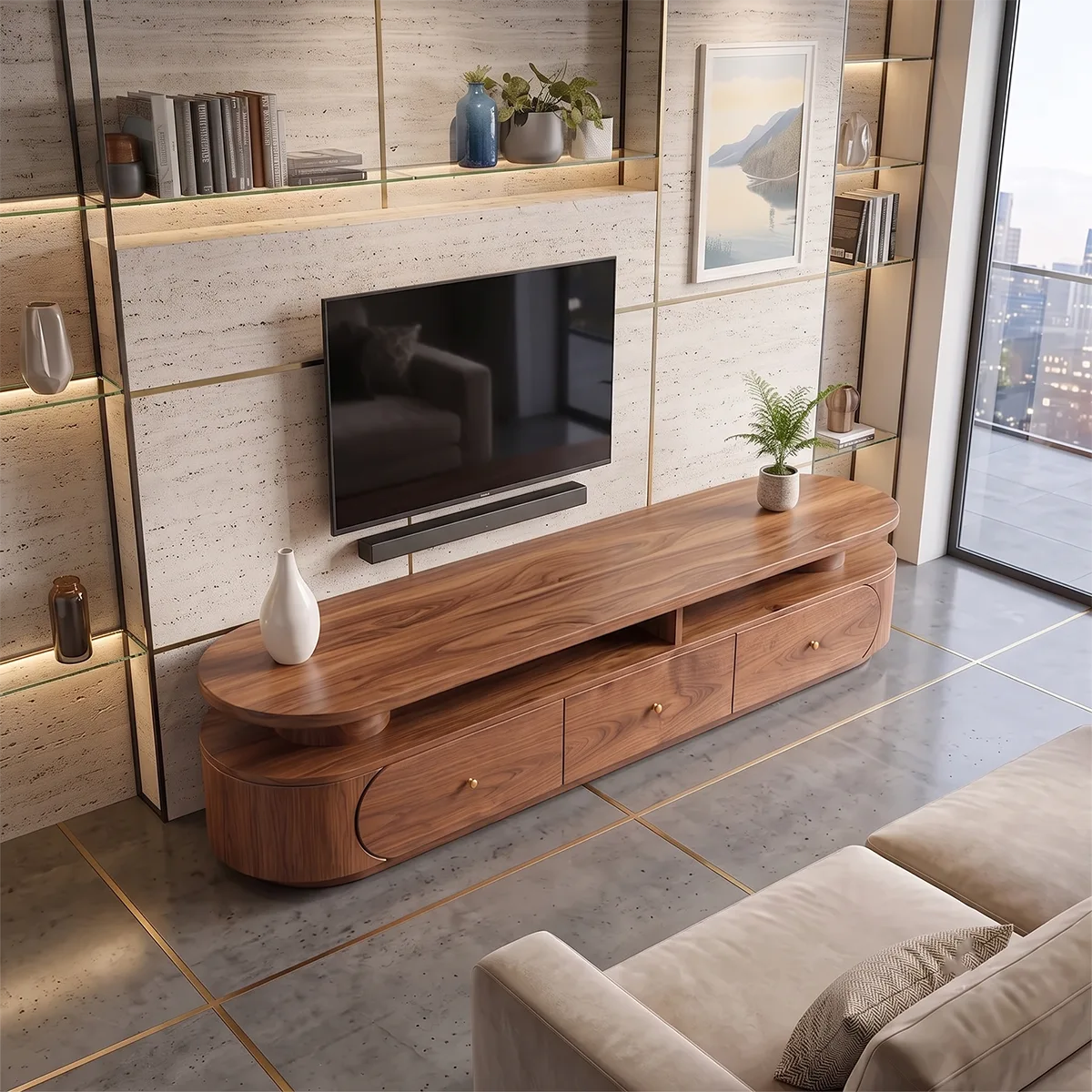 Modern TV Stand with 3 Drawers & Open Shelf | Curved Media Console TH003-1IBC4JQ