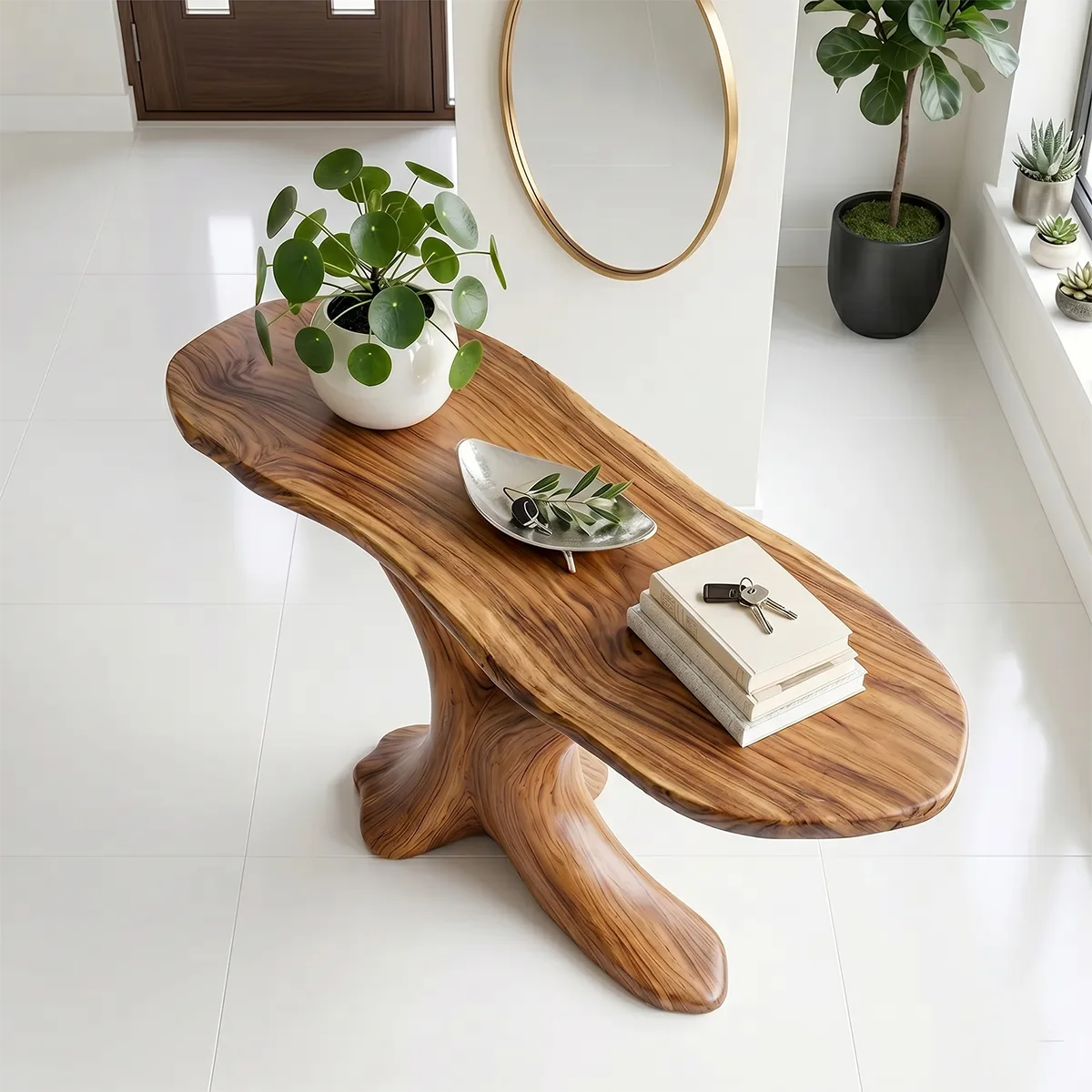 Sculptural Natural Wood Console Table for Entryway