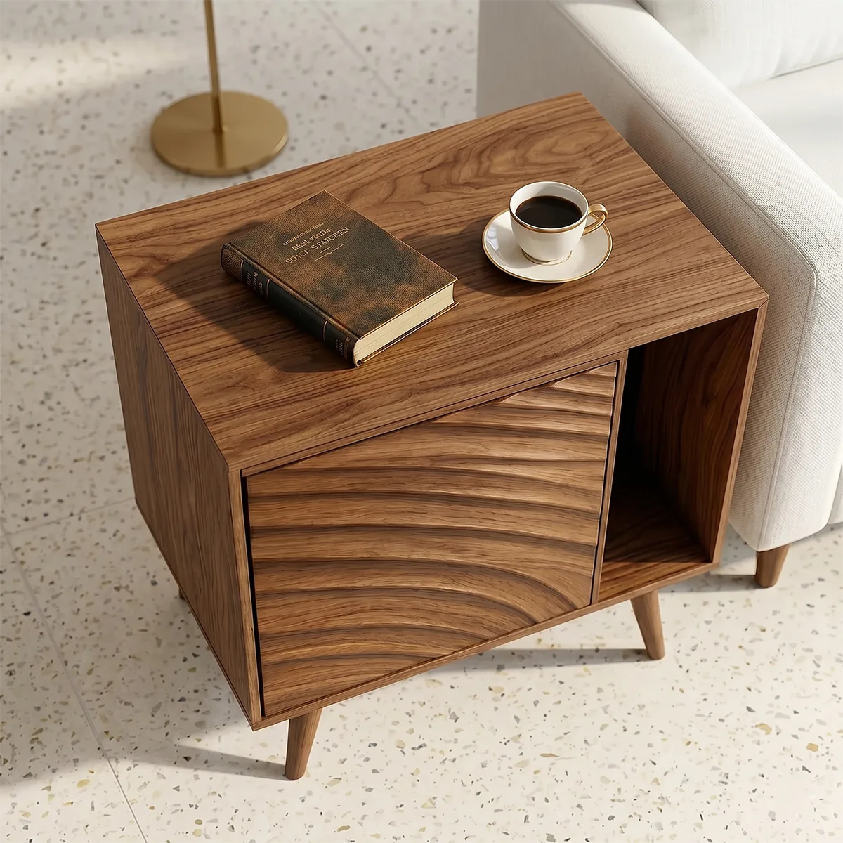 Modern Solid Wood End Table with Sliding Door | Mid Century Storage Side Table for Living Room TH003-6094