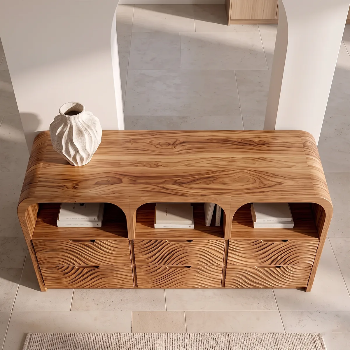 Wave Carved Solid Wood Storage Cabinet | Modern Credenza with Drawers & Open Shelves TH003-9574