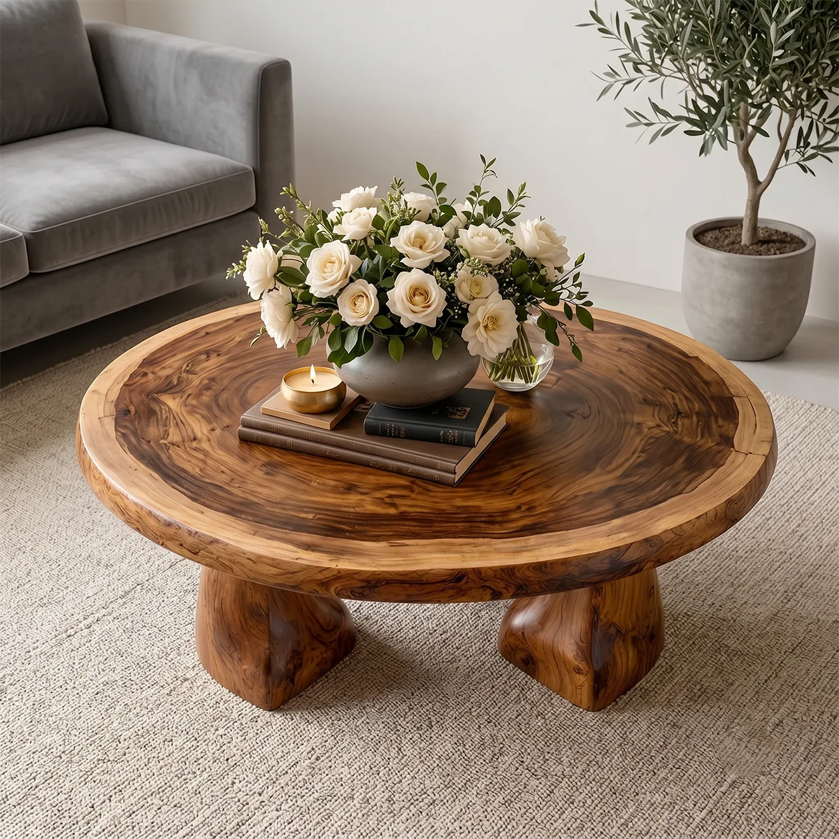 Round Solid Wood Coffee Table – Sculptural Pedestal Design TH003-7271