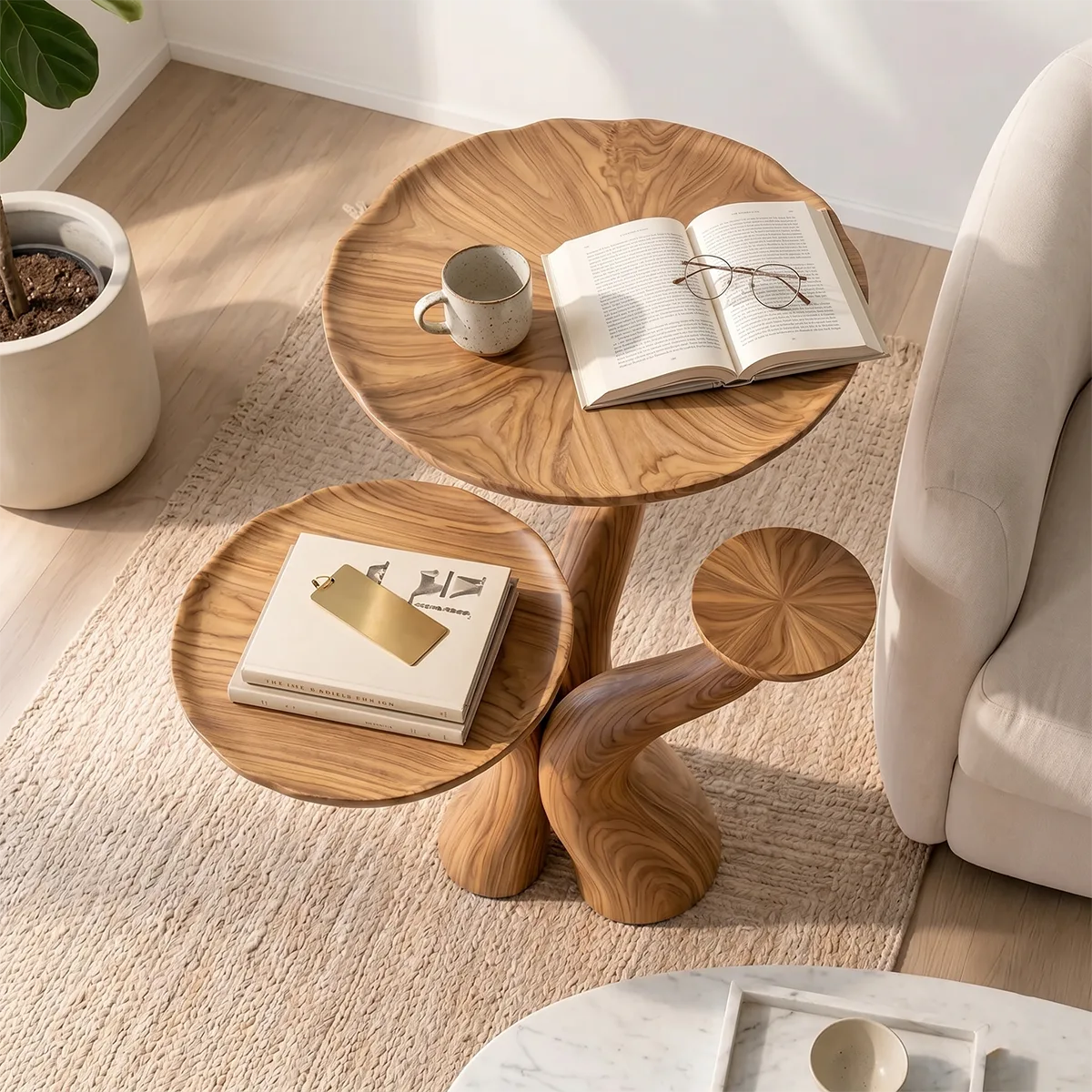Three-Tier Solid Wood Side Table | Sculptural Branch Design TH003-6418