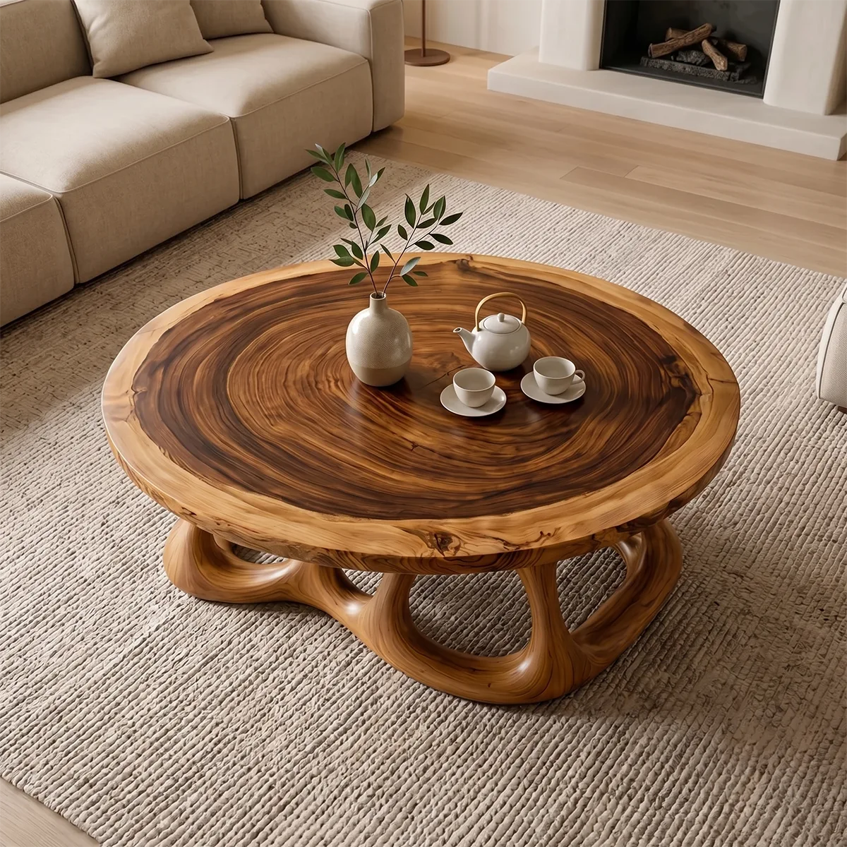 Round Solid Wood Coffee Table – Organic Sculptural Base Design TH003-6720