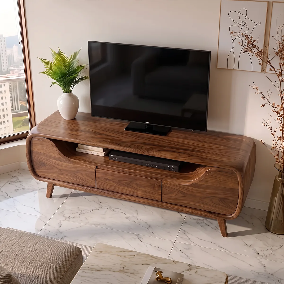 Modern Curved TV Stand with Drawer & Open Media Shelf | Sculptural Low Profile Console TH003-2WQM9UQ