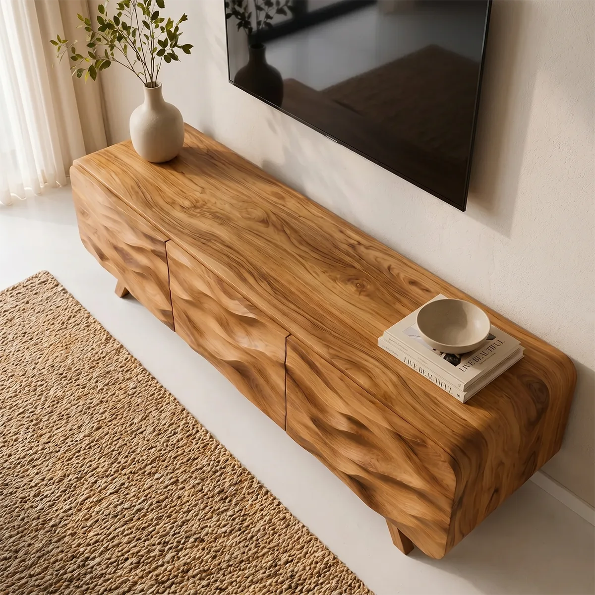 Carved Wave TV Cabinet with 3 Doors and Rounded Sides