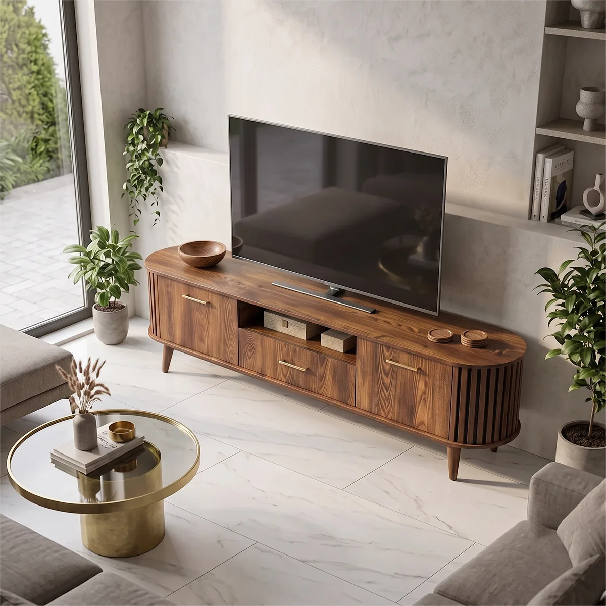 Mid-Century Modern TV Stand with 2 Cabinets & Drawer | Fluted Media Console TH003-4CGT3CA