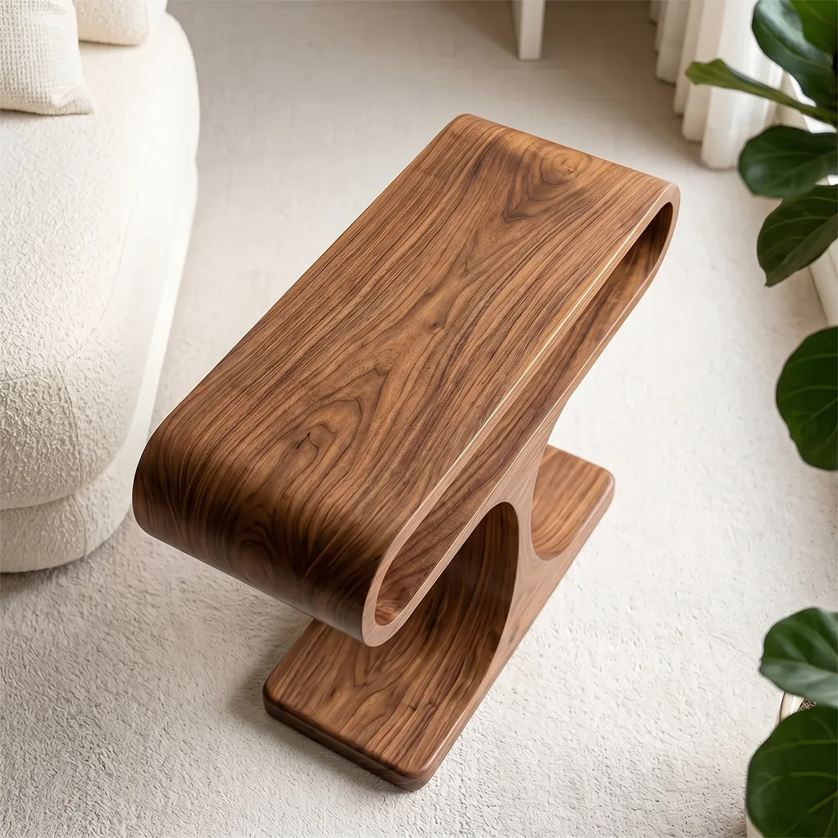 Curved Solid Wood Side Table with Shelf | Sculptural End Table TH003-6409