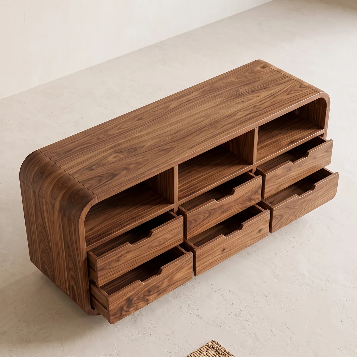 Modern Sideboard Cabinet | 6 Drawer Storage Cabinet with Open Shelves & Rounded Waterfall Design TH003-3023