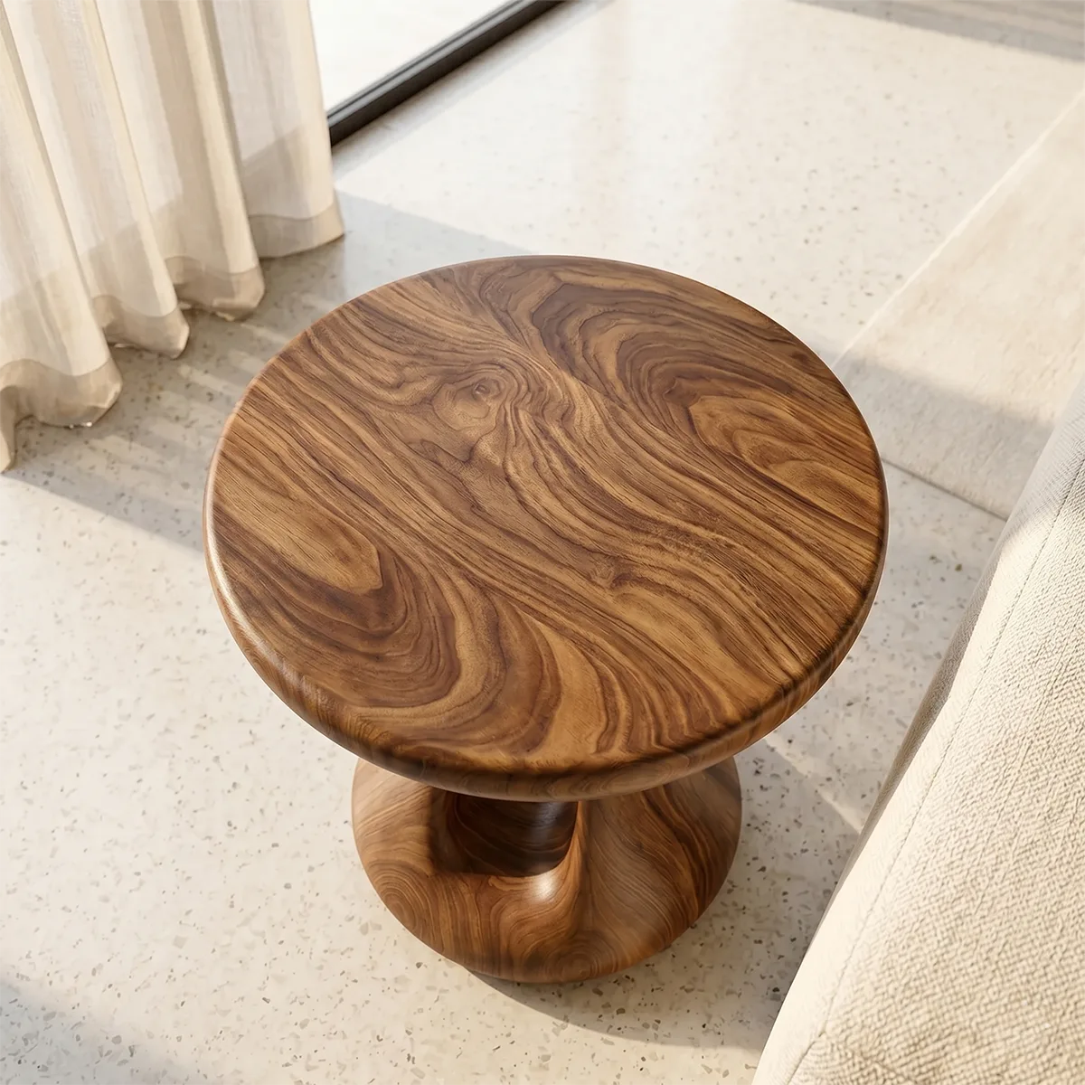 Organic Solid Wood Round End Table | Sculptural Pedestal Side Table for Modern Living Room TH003-6440