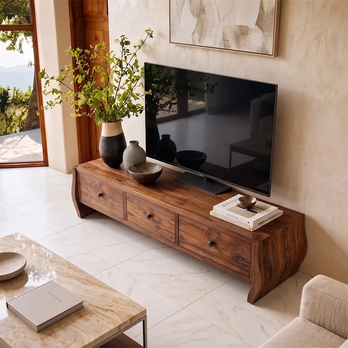 Modern TV Stand with 3 Drawers & Sculptural Curved Legs | Minimalist Media Console TH003-2IWI9LN