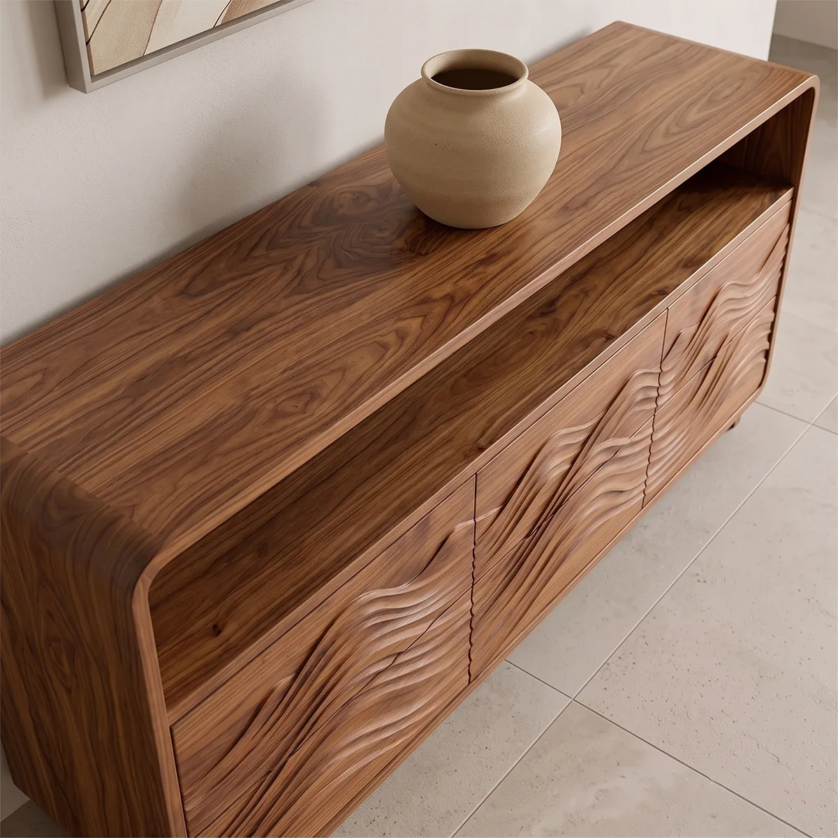 Modern Sideboard Cabinet | Wave Carved Storage Cabinet with Open Shelf & 6 Drawers TH003-7310