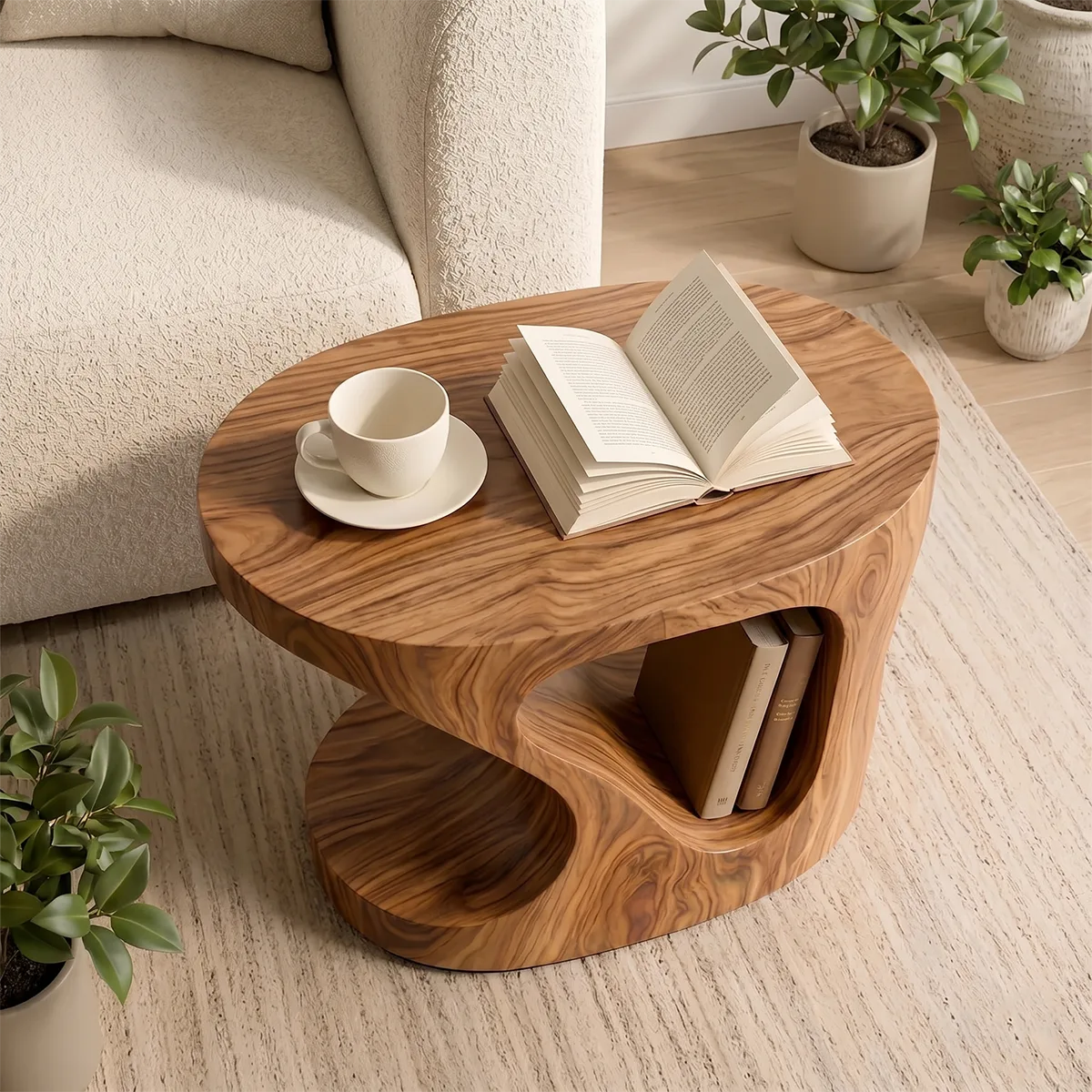 Solid Wood Side Table with Book Storage | Sculptural Design End Table TH003-9003