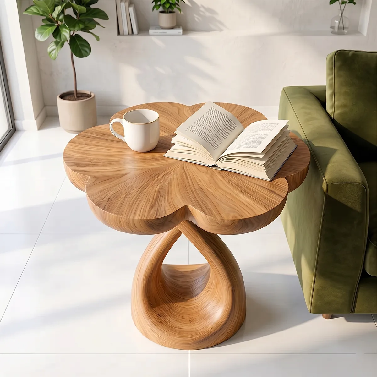Petal Top Solid Wood Side Table | Sculptural End Table TH003-8683