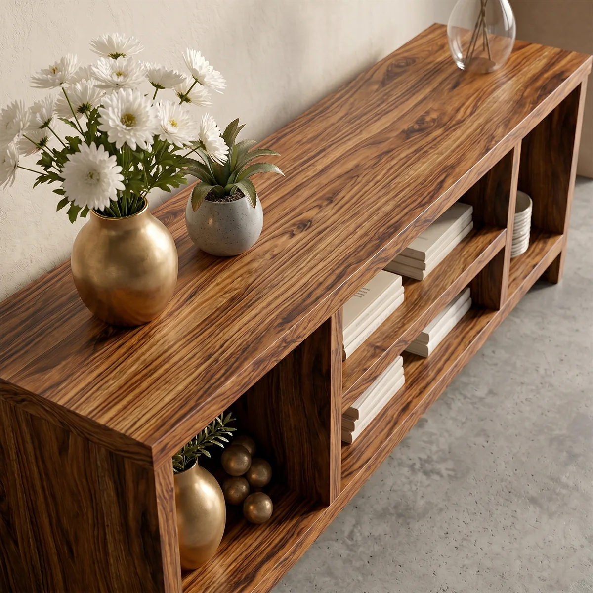 Modern Solid Wood Geometric TV Stand with Open Shelving
