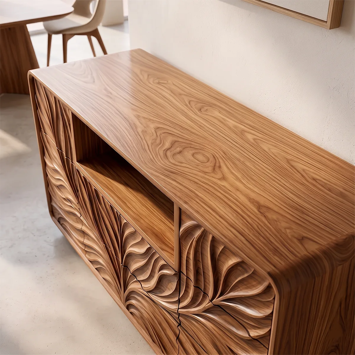 Modern Sideboard Cabinet | Leaf Carved Storage Cabinet with Open Shelf & 8 Drawers TH003-9785