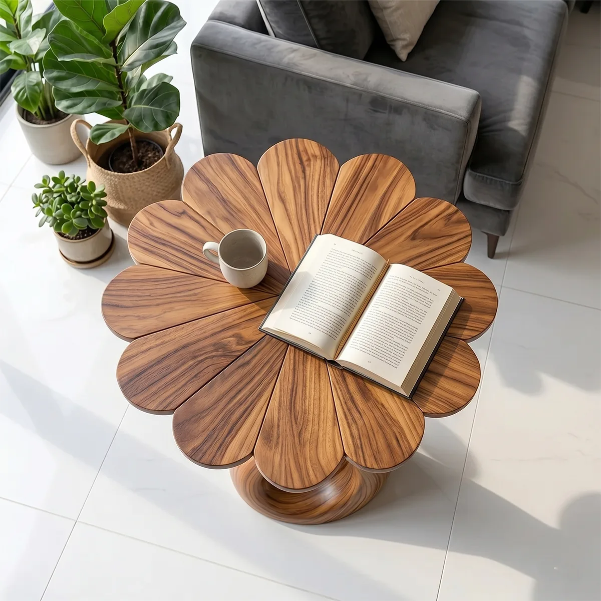 Petal Top Solid Wood Side Table | Sculptural End Table TH003-1714