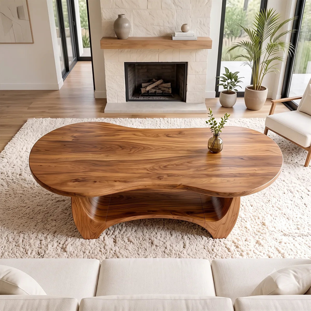 Sculptural Rounded Coffee Table with Open Shelf | Organic Modern Center Table TH003-1FNF7SN