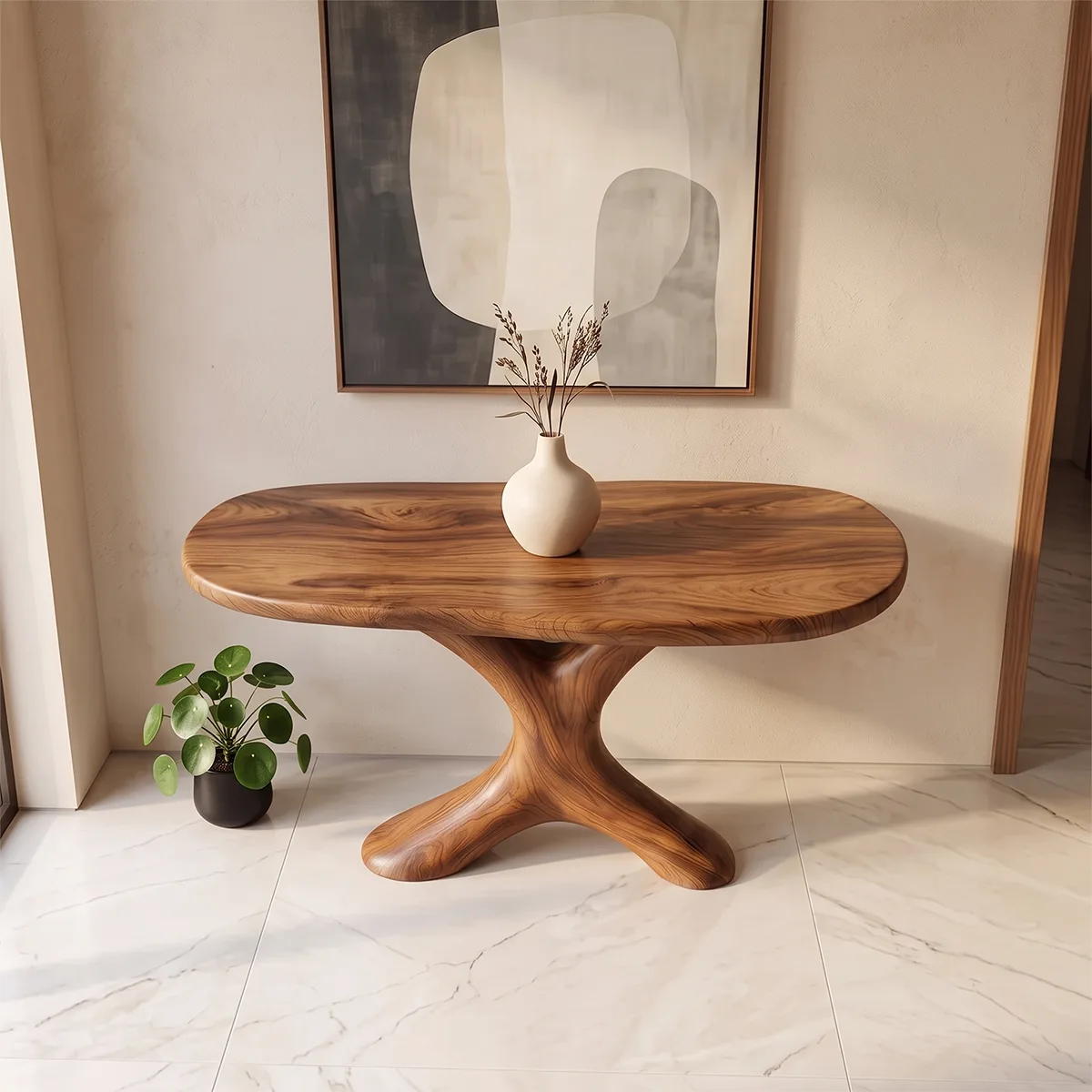 Modern Sculptural Console Table | Organic Entryway Accent Table with Architectural Pedestal TH003-1525