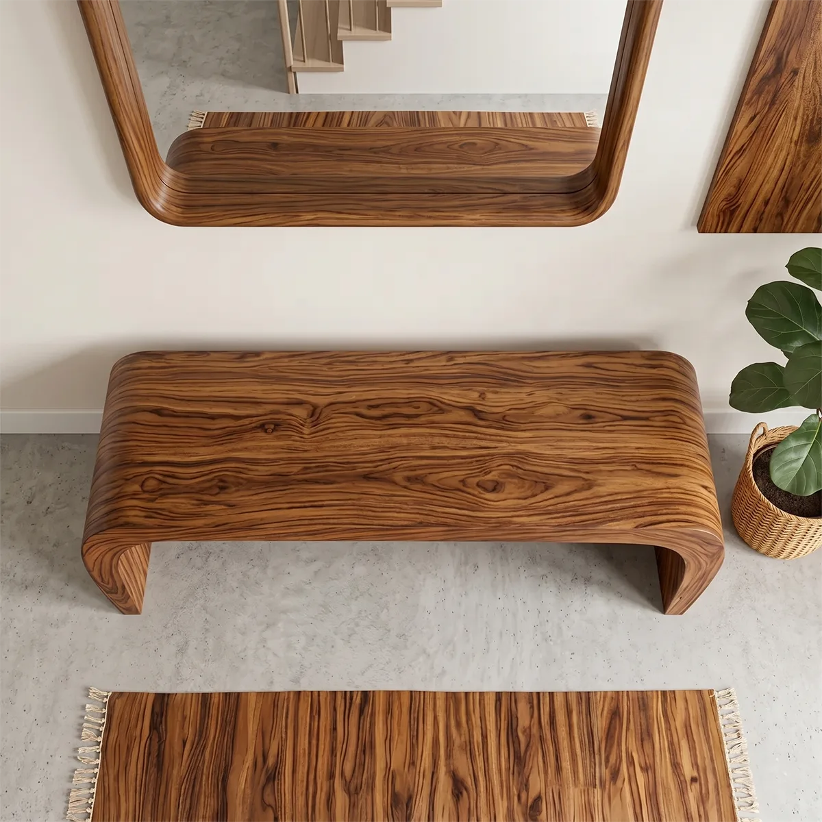 Minimalist Curved Solid Wood Console Bench for Entryway and Living Room