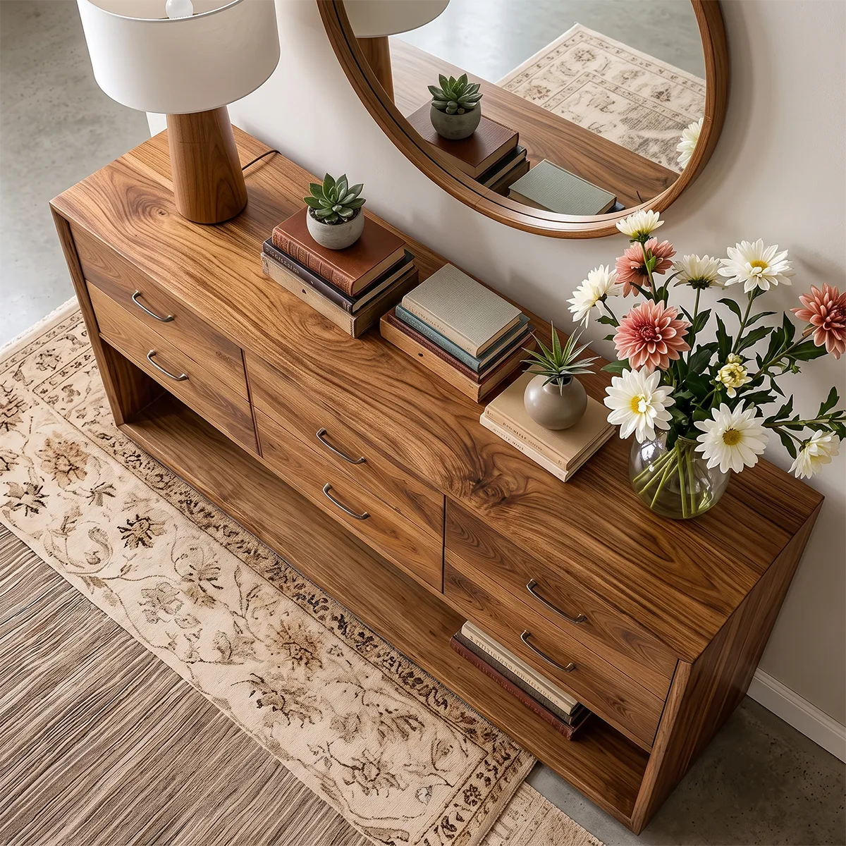 Modern 6 Drawer Console Table with Open Shelf – Minimalist Entryway Storage Cabinet TH003-9381
