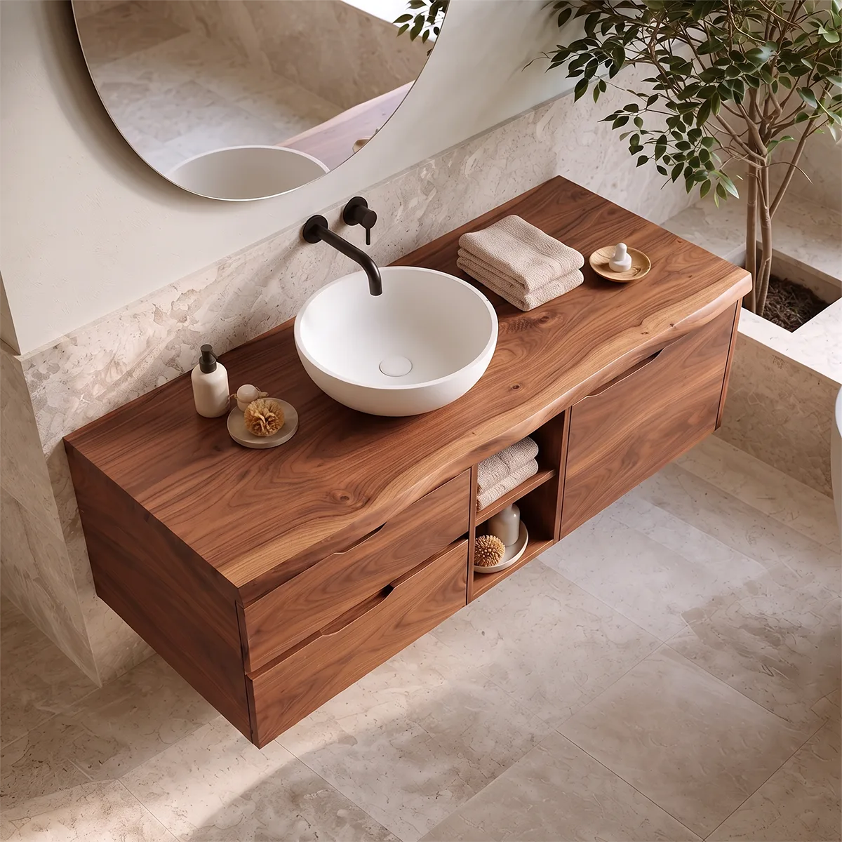 Modern Floating Bathroom Vanity | Wall Mounted Storage Cabinet with Drawers and Open Shelving TH003-5PPH1AS