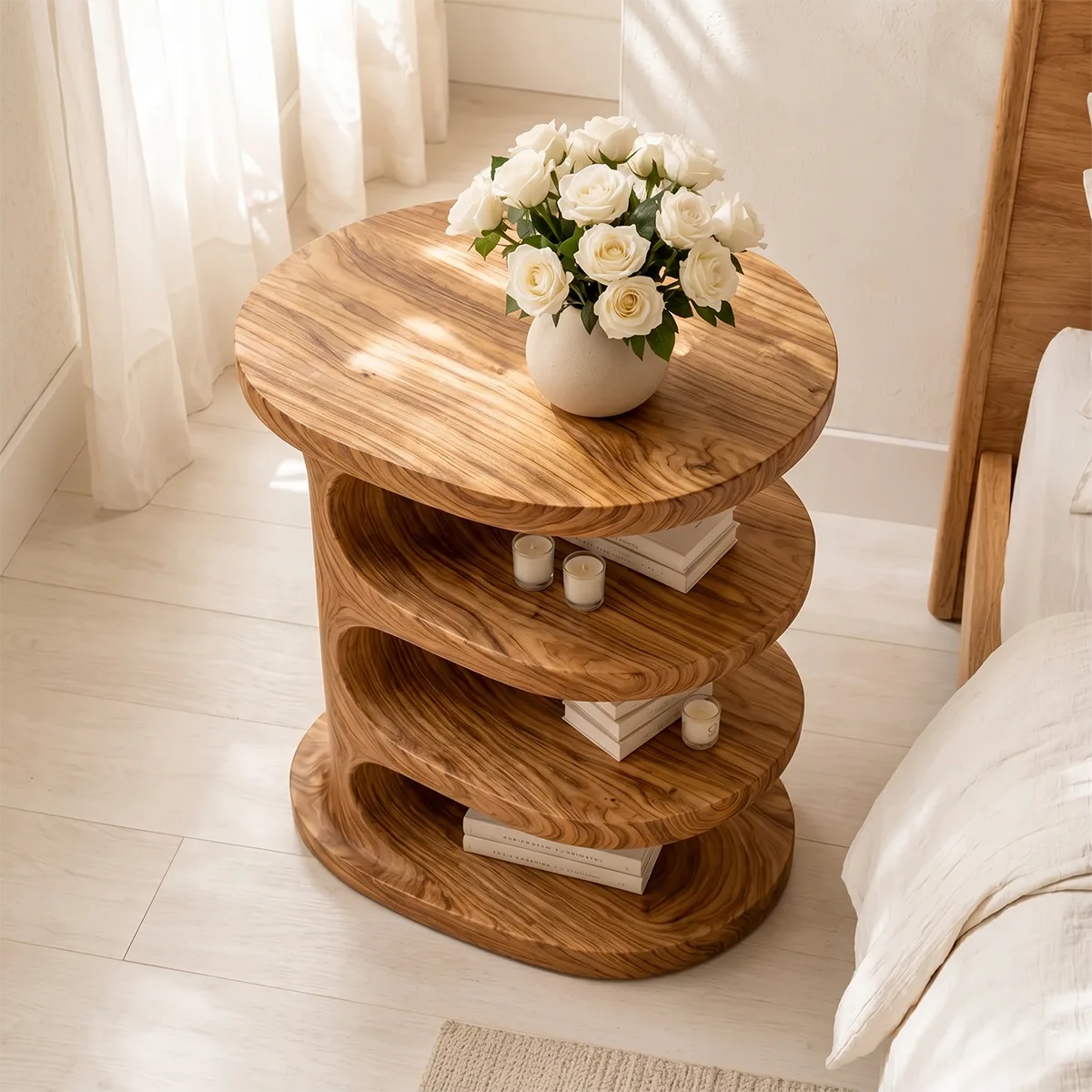 Handcrafted Solid Wood Round Nightstand Organic Open Shelf Bedside Table