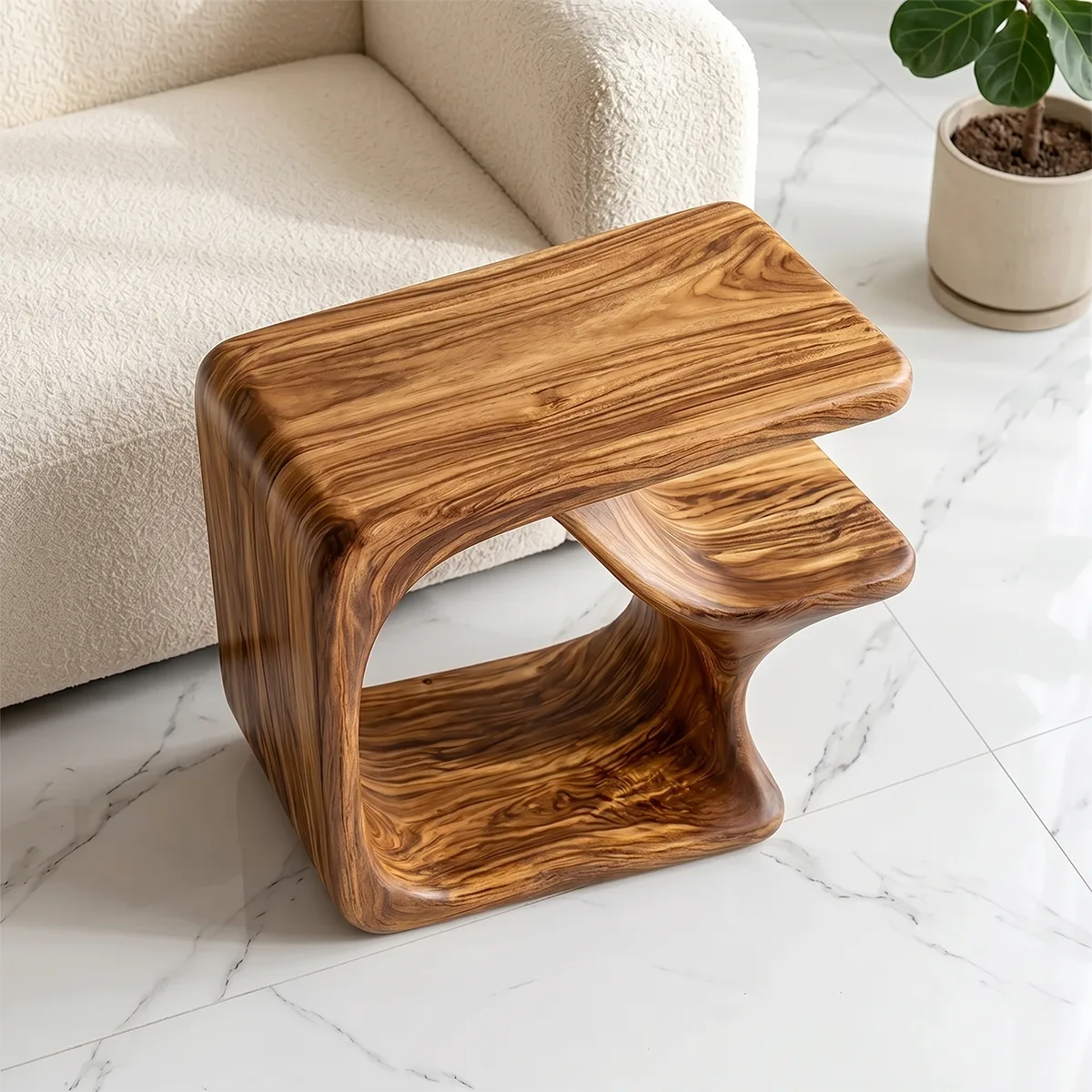Solid Wood C-Shaped Side Table with Shelf | Sculptural Design TH003-8802