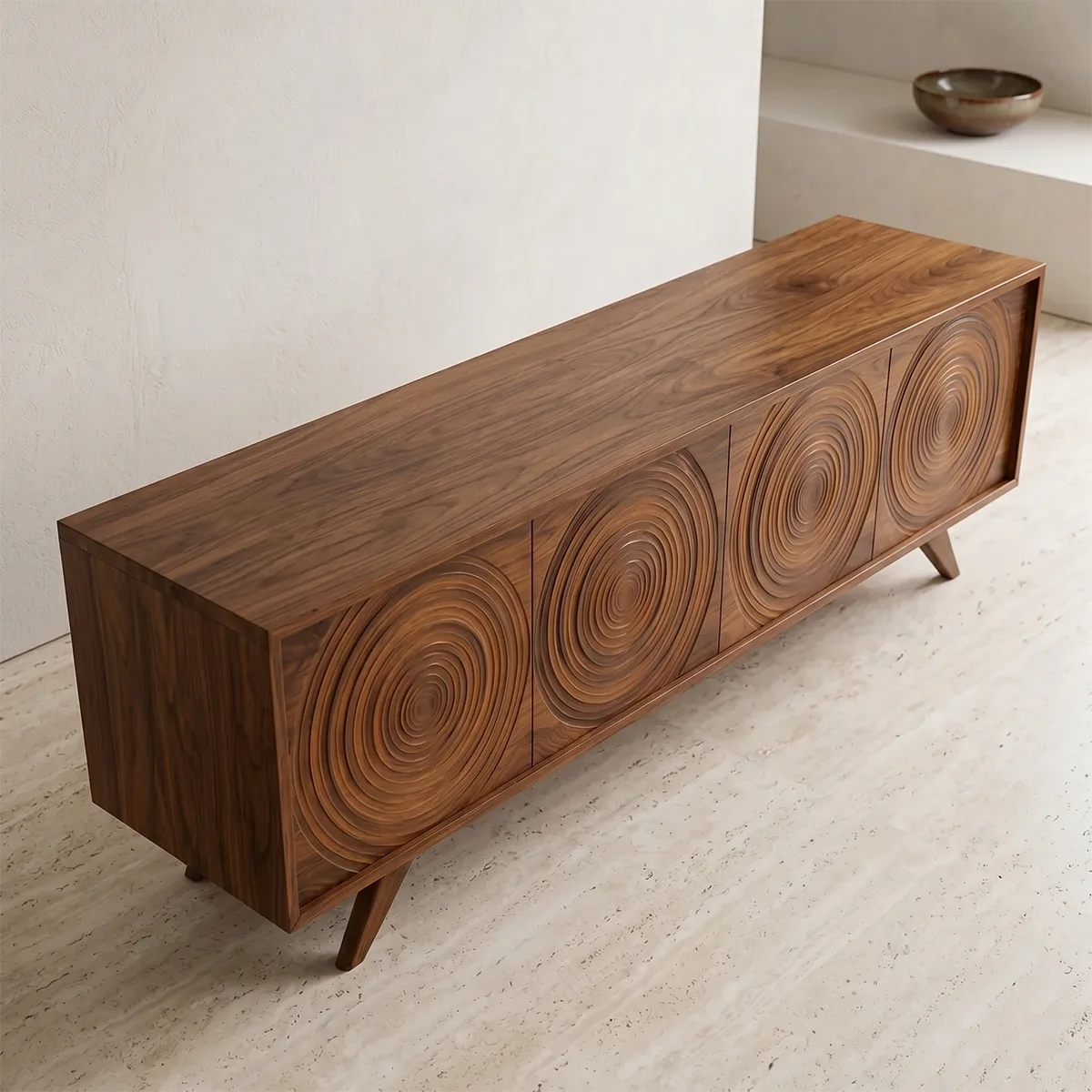 Mid Century Modern Solid Wood Carved Door TV Stand