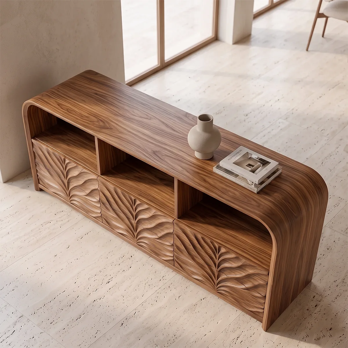 Modern Sideboard Cabinet | Leaf Carved Storage Cabinet with Open Shelves & 8 Drawers TH003-9304