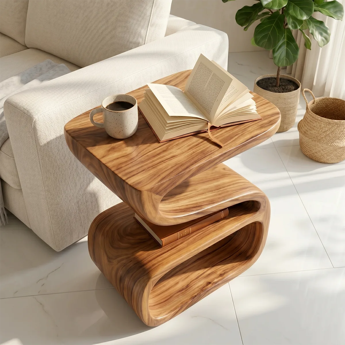 Solid Wood Side Table with Double Shelf | Sculptural Design TH003-3969