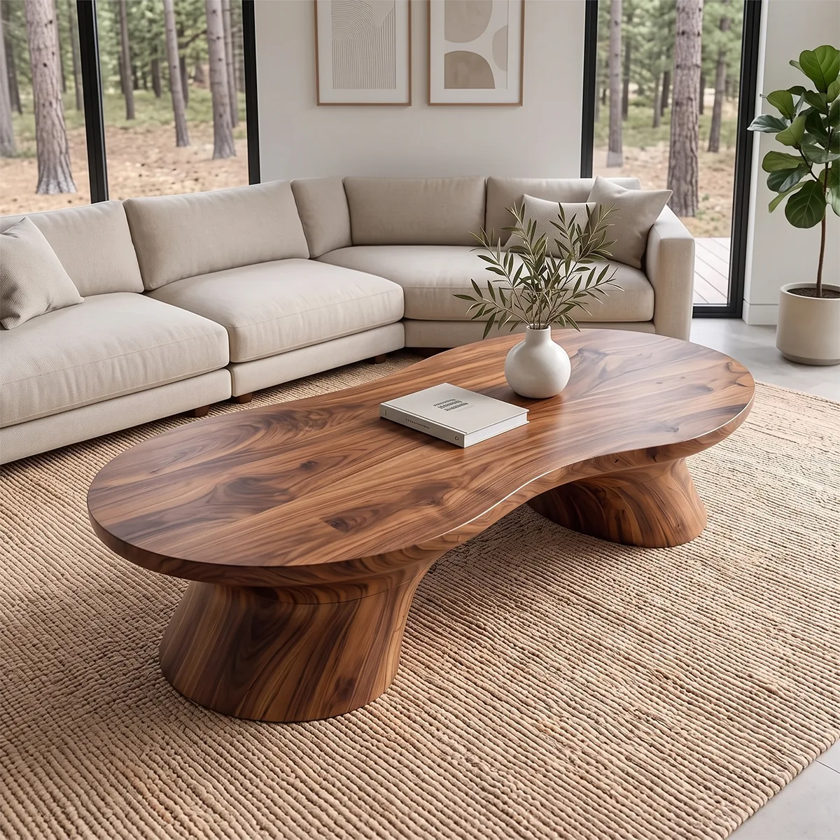 Organic Coffee Table with Sculptural Curved Pedestal Legs | Modern Living Room Center Table TH003-9JMO6OI