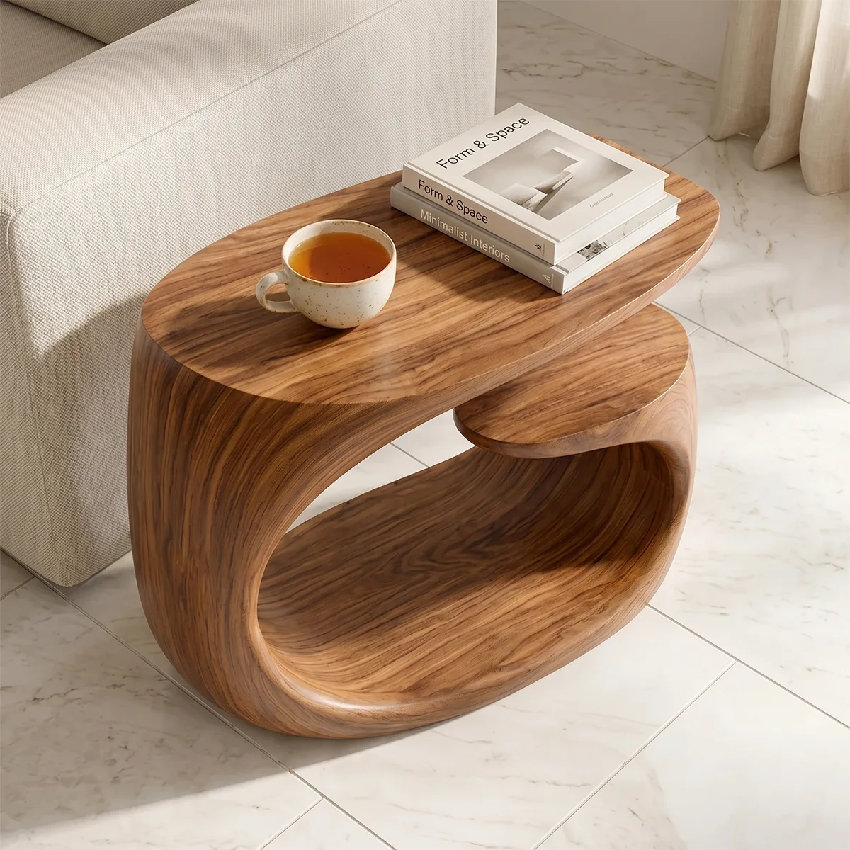 Handcrafted Solid Wood End Table with Open Shelf – Sculptural Japandi Side Table for Living Room TH003-8927