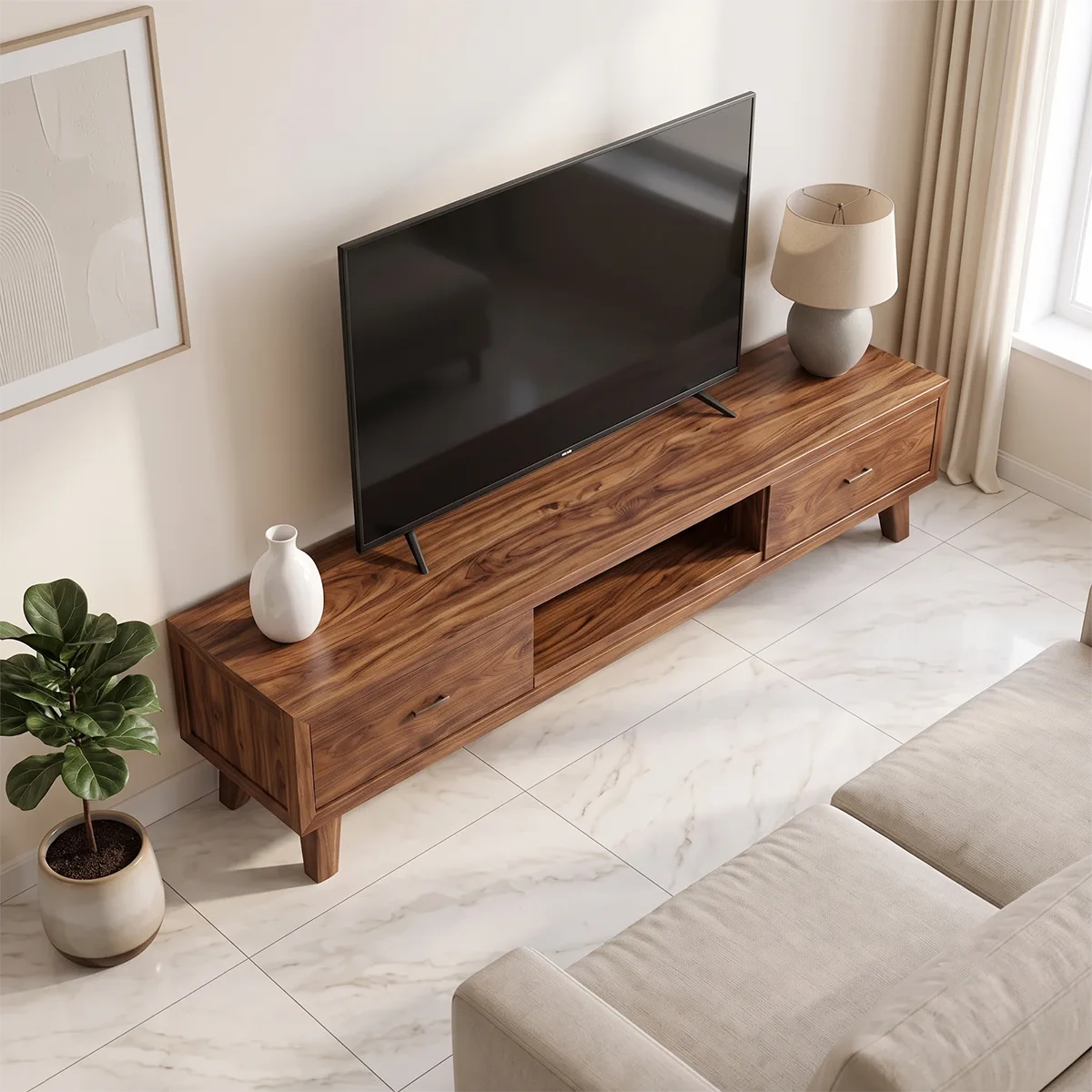 Modern TV Stand with 2 Drawers & Open Shelf | Low Profile Media Console TH003-6TLG4RN