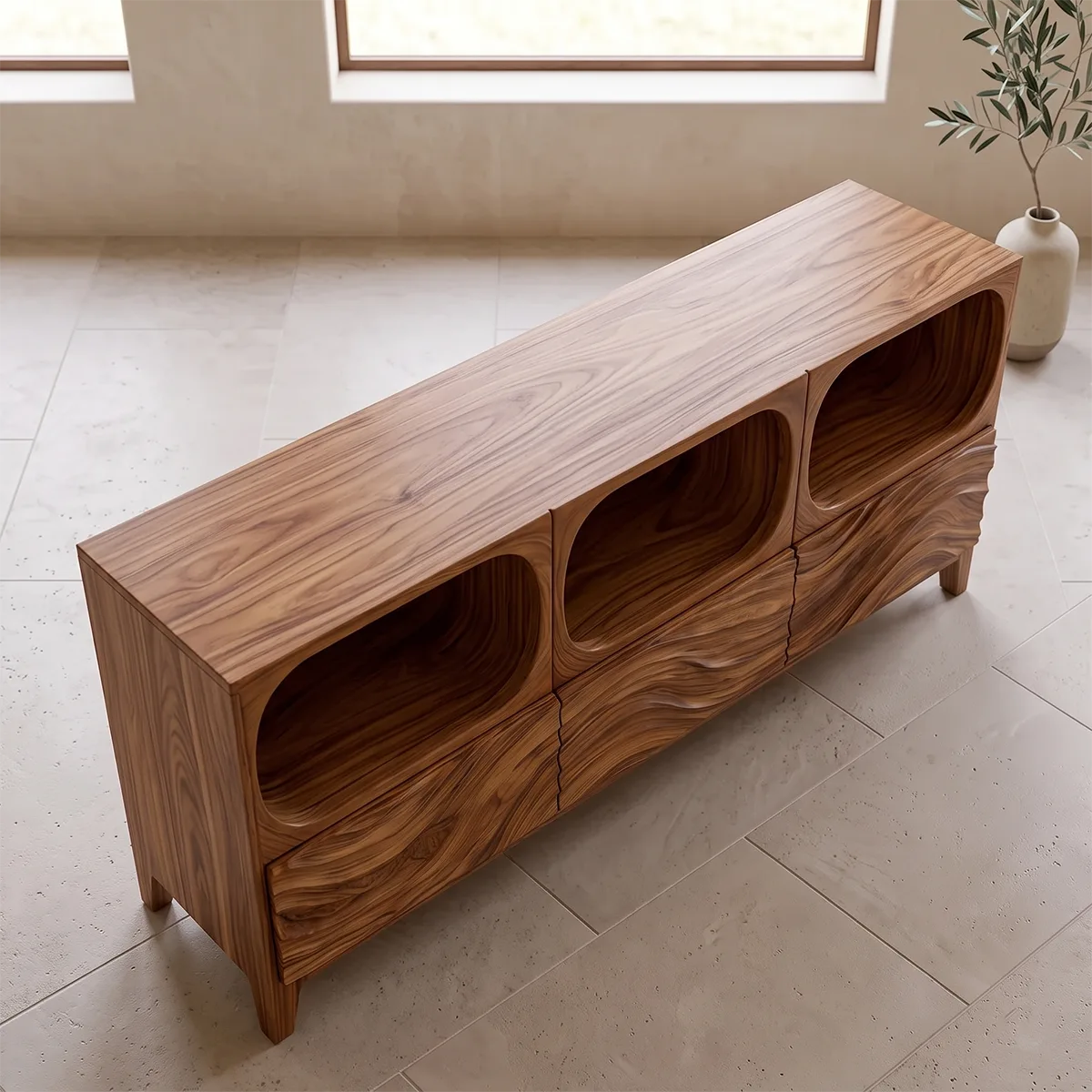 Modern Sideboard Cabinet | Wave Front Storage Cabinet with Open Shelves & Drawers TH003-8331