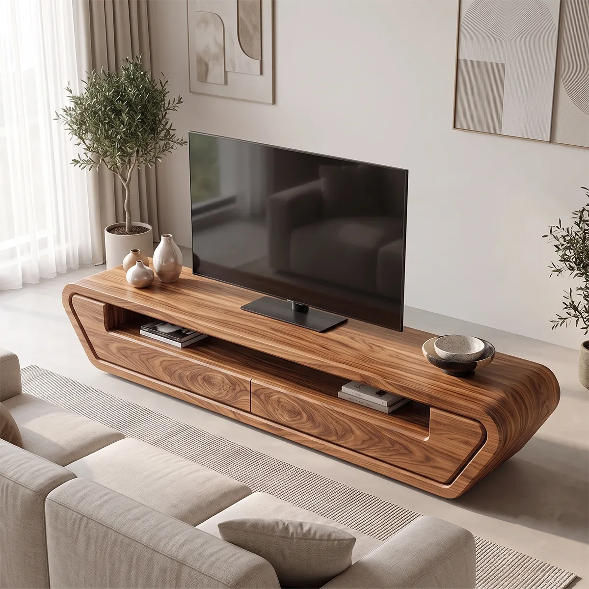 Modern Curved TV Stand with 2 Drawers & Open Media Shelf | Low Profile Entertainment Console TH003-4LAL5FE
